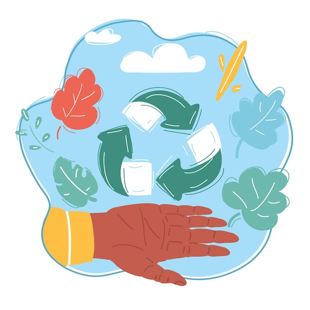 Ilustración vectorial de dibujos animados de iconos de reciclaje ecológico triangulares verdes en la palma de la mano humana