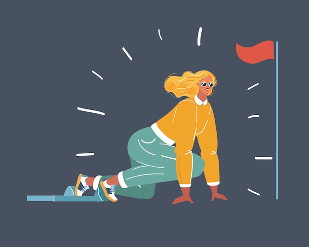Ilustración vectorial de dibujos animados de intentar empezar a correr el concepto de competencia de mujer en fondo oscuro