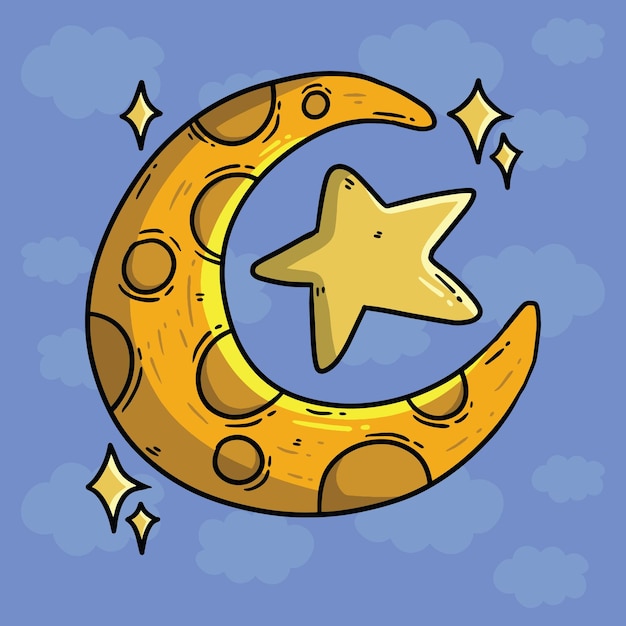 Vector ilustración vectorial de dibujos animados islámicos de luna creciente y estrella