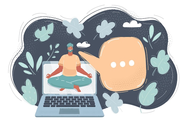 Vector ilustración vectorial de dibujos animados de un joven guapo practicando yoga y relajándose en línea que representa el concepto de control de estrés