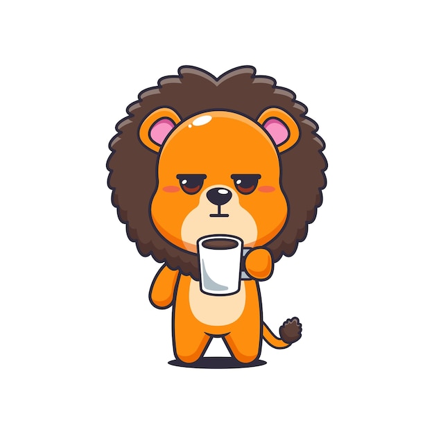 Ilustración vectorial de dibujos animados del león está cansado y somnoliento sosteniendo café