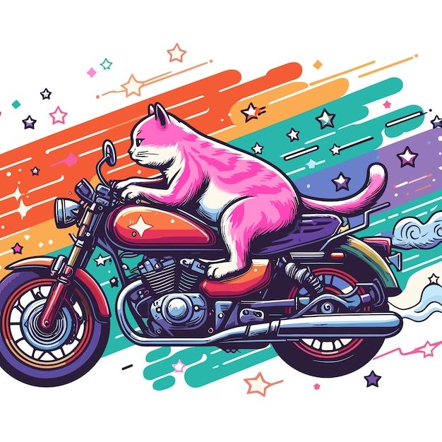 Ilustración vectorial de dibujos animados de un lindo gato montando una motocicleta