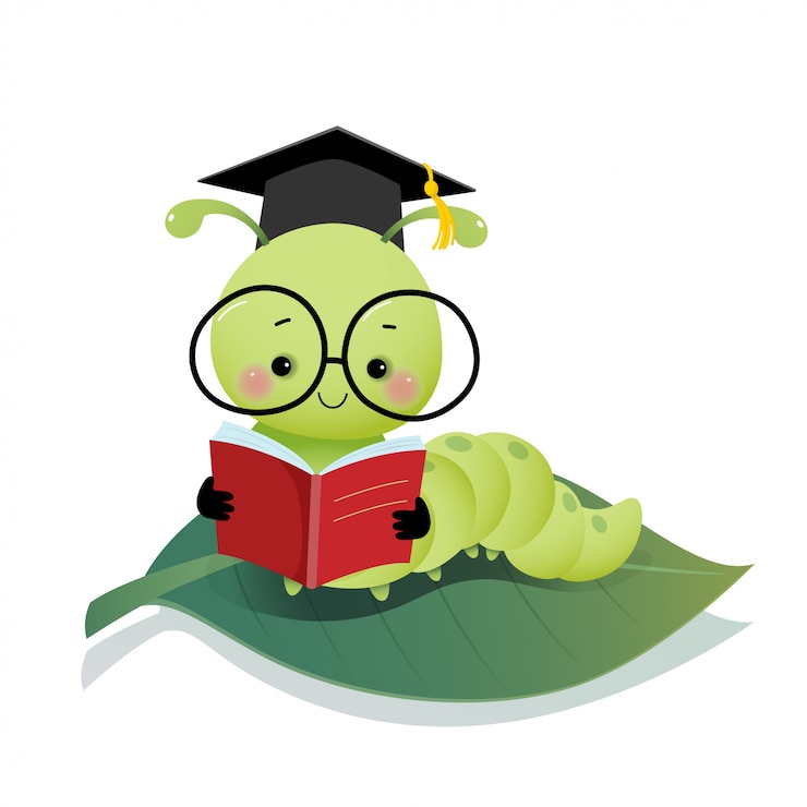 Vector ilustración vectorial de dibujos animados lindo gusano oruga con sombrero de birrete de graduación y gafas leyendo un libro en la hoja.