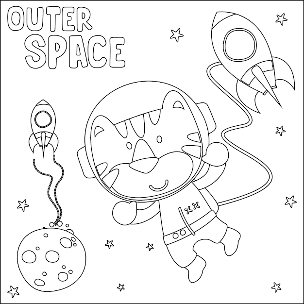 Ilustración vectorial de dibujos animados lindos astronautas pequeño tigre en el espacio para colorear libro o página