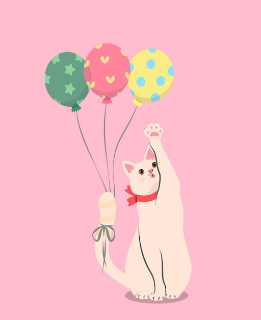 Ilustración vectorial de dibujos animados a mano de gato y globo de colores_Perfecto para el diseño de tarjetas de felicitación
