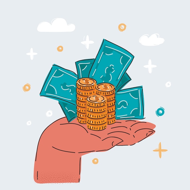 Ilustración vectorial de dibujos animados de la mano sosteniendo billetes y monedas
