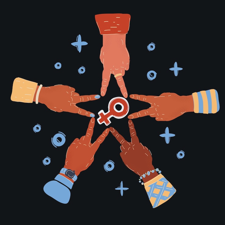 Vector ilustración vectorial de dibujos animados de manos juntas signo femenino en el centro en fondo oscuro