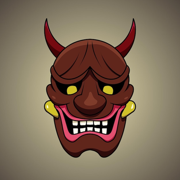 Ilustración vectorial de dibujos animados de máscara de oni marrón de estilo japonés Diseño de logotipo de ilustración de impresión