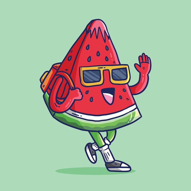 Ilustración vectorial de dibujos animados de la mascota de la rebanada de sandía con gafas de sol