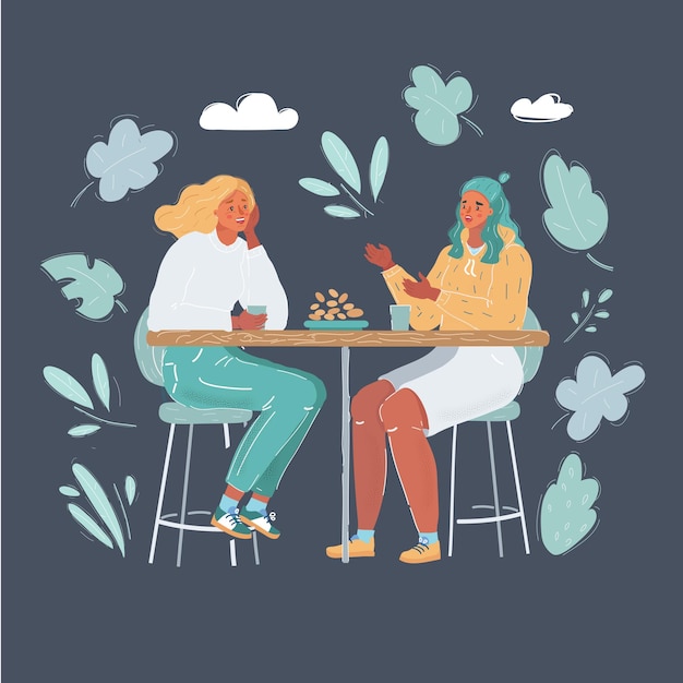 Ilustración vectorial de dibujos animados de mejores amigas alegres en un café Dos mujeres hablan en un fondo oscuro