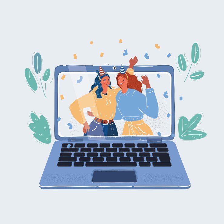 Vector ilustración vectorial de dibujos animados de una mujer celebrando el smth en la pantalla de una computadora portátil fiesta de auto-aislamiento en línea cumpleaños en línea amigos concepto de fiesta