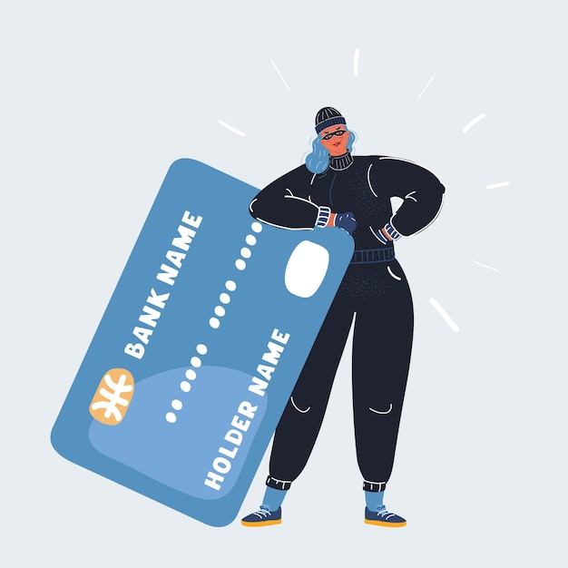 Ilustración vectorial de dibujos animados de una mujer criminal robó los detalles de la tarjeta de crédito en fondo oscuro