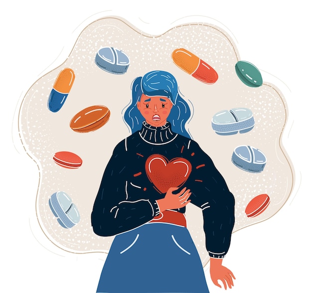 Ilustración vectorial de dibujos animados de una mujer con dolor de corazón o ataque de pánico Estres visitas al médico que necesitan enfermedad corazón trastorno de ansiedad medicamentos pastillas alrededor