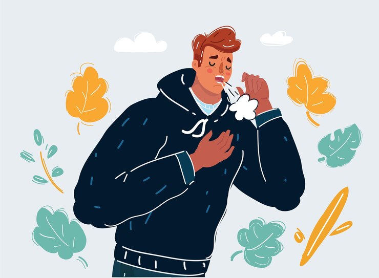 Vector ilustración vectorial de dibujos animados de una mujer enferma que tose tiene el virus del resfriado
