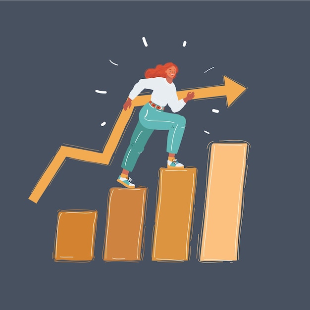 Ilustración vectorial de dibujos animados de una mujer en las escaleras Consepto del éxito Personaje en fondo oscuro