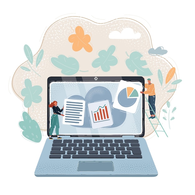 Ilustración vectorial de dibujos animados de una mujer y un hombre abriendo un archivo en una gran pantalla de computadoras portátiles Guardar base de datos y concepto de copia de seguridad La gente trabaja en la oficina