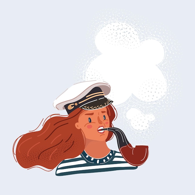 Ilustración vectorial de dibujos animados de una mujer joven con gorra de vela y pipa de tabaco de humo Concepto de capitán femenino