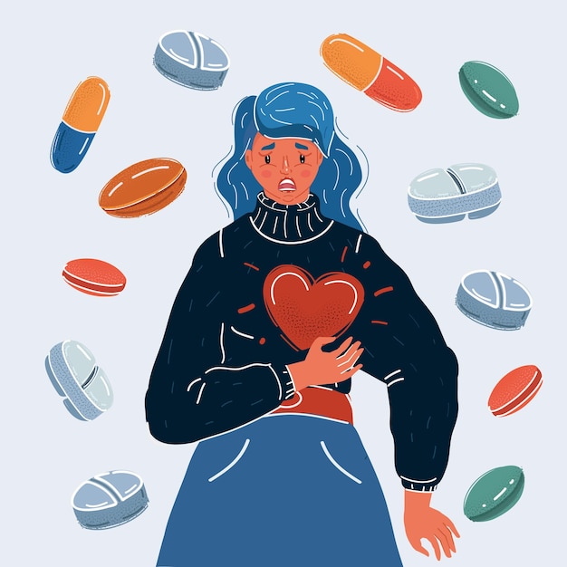 Vector ilustración vectorial de dibujos animados de una mujer joven que sufre un dolor de corazón mucha medicina y píldoras la rodean