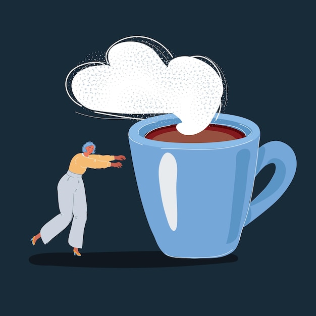 Vector ilustración vectorial de dibujos animados de una mujer medio despierta se dirige hacia una taza gigante de café en un fondo oscuro