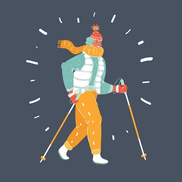 Ilustración vectorial de dibujos animados de una mujer practicando Nordic walking y jogging en un fondo oscuro