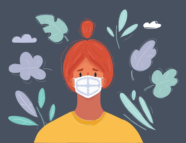 Ilustración vectorial de dibujos animados de una mujer que usa mascarilla médica quirúrgica para proteger su ciudad de contaminación tóxica del aire detener la propagación de virus