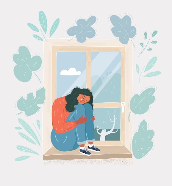 Ilustración vectorial de dibujos animados de una mujer sentada en el alféizar de la ventana y mirando a través de la ventanilla Caracter depresivo triste
