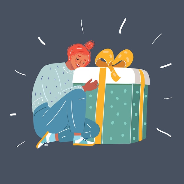 Ilustración vectorial de dibujos animados de una mujer sosteniendo una caja de regalos sobre un fondo oscuro