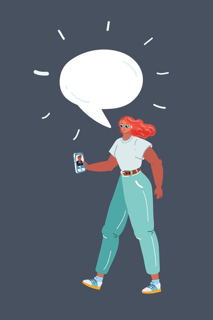 Ilustración vectorial de dibujos animados de una mujer con teléfono y burbuja de habla aislada en un fondo oscuro