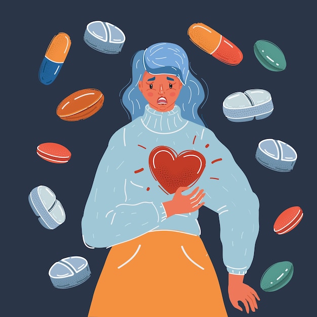 Ilustración vectorial de dibujos animados de mujeres que tienen un ataque cardíaco en fondo oscuro Píldoras de medicina alrededor