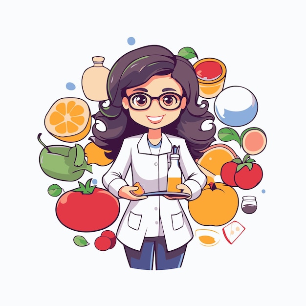 Vector ilustración vectorial de dibujos animados de una niña con una bata médica blanca y gafas sosteniendo un microscopio