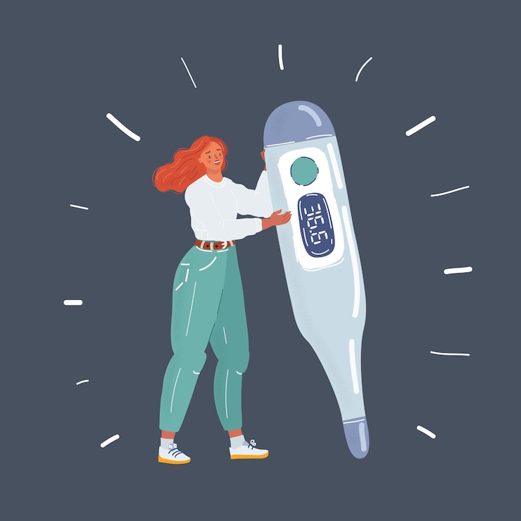 Vector ilustración vectorial de dibujos animados de una niña comprobando su temperatura corporal una mujer pequeña sostiene un termómetro grande
