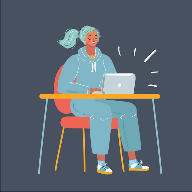 Ilustración vectorial de dibujos animados de una niña en el lugar de trabajo diseñador independiente empleado de oficina a tiempo completo en fondo oscuro Concepto de trabajo nocturno