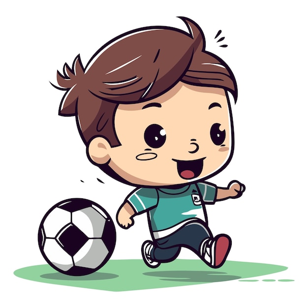 Vector ilustración vectorial de dibujos animados de niño jugando al fútbol aislada en fondo blanco