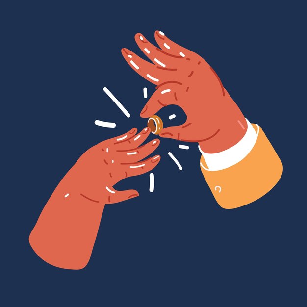 Ilustración vectorial de dibujos animados del novio poniendo el anillo de bodas en el dedo de la novia