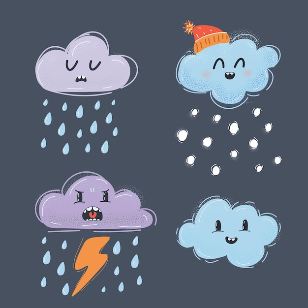 Ilustración vectorial de dibujos animados de nubes lindas con caras divertidas lloran expresión triste y feliz