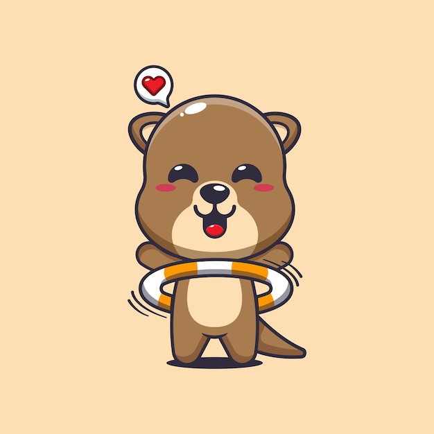 Ilustración vectorial de dibujos animados de nutrias jugando al hula hoop