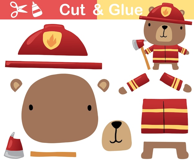 Ilustración vectorial de dibujos animados oso lindo en disfraz de bombero con hacha Juego de papel para niños Cortar y pegar