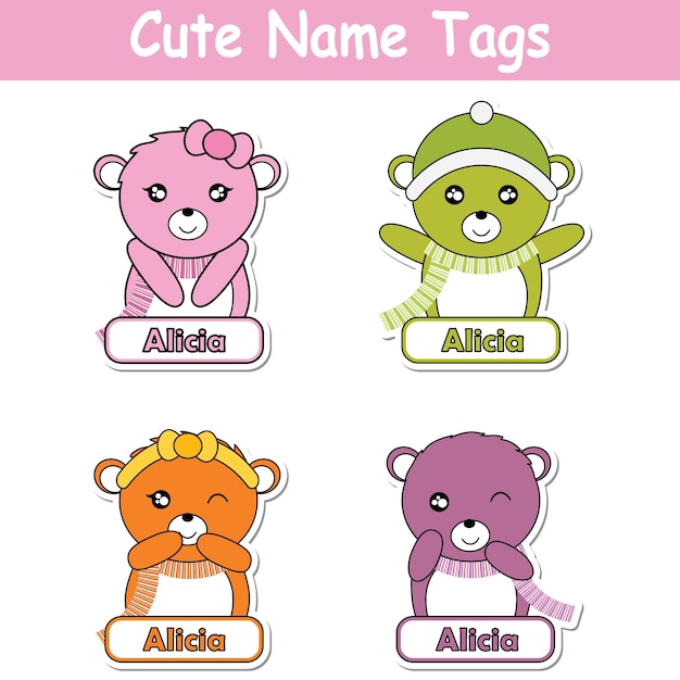 Ilustración vectorial de dibujos animados con osos de bebé lindo colorido adecuado para el diseño de conjunto de etiqueta de nombre de niño, nombre de etiqueta, y conjunto de pegatina imprimible