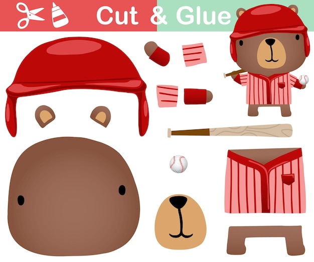 Ilustración vectorial de dibujos animados de osos lindos en uniforme de béisbol Juego de papel para niños Cortar y pegar