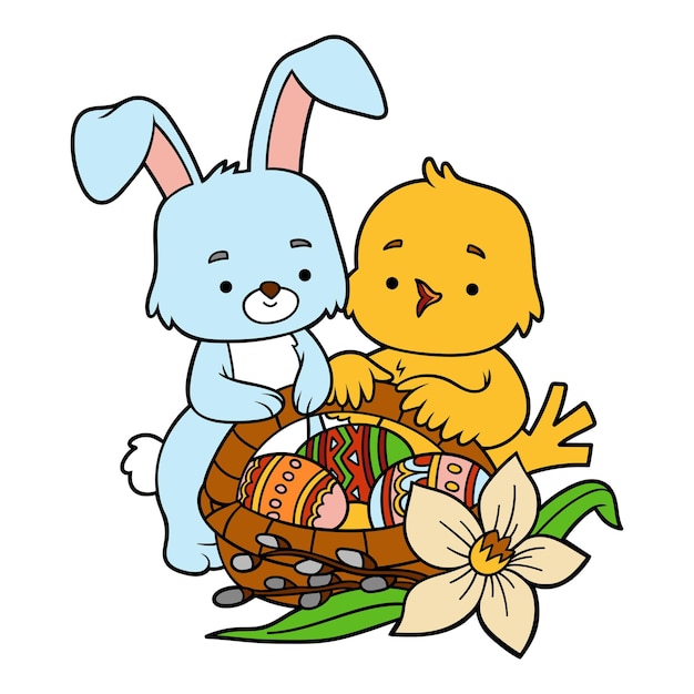 Ilustración vectorial de dibujos animados pájaro de pascua y conejo y cesta con huevos de colores