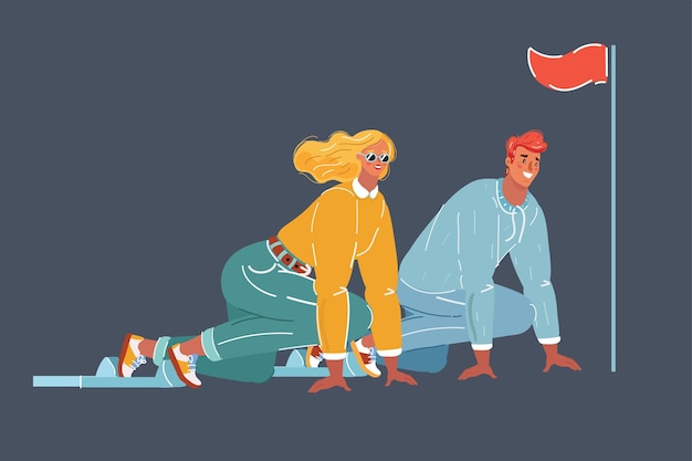 Ilustración vectorial de dibujos animados de pareja en posición inicial Carácter humano sobre fondo oscuro