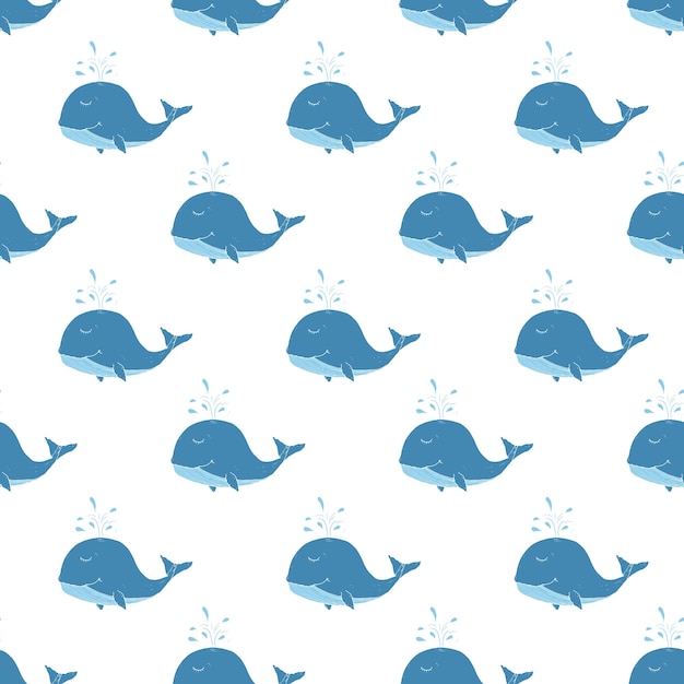 Ilustración vectorial de dibujos animados con el patrón sin costuras de la ballena linda