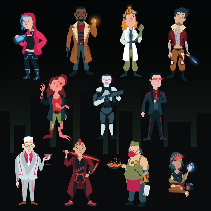 Vector ilustración vectorial de dibujos animados de personajes ciberpunk distópicos set de scifi héroes villanos robot