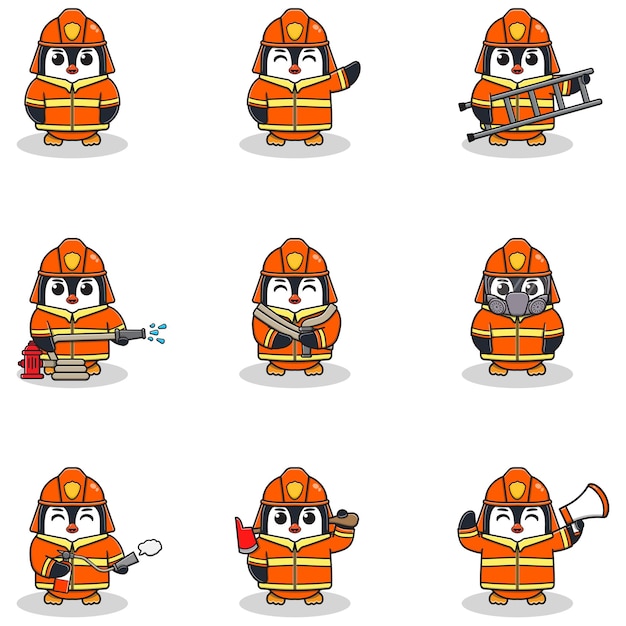 Ilustración vectorial de dibujos animados de pingüino con disfraz de bombero