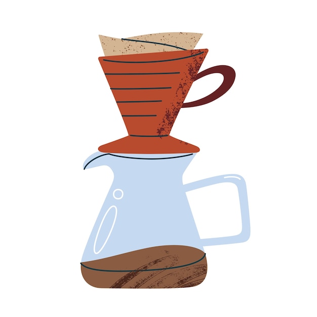 Ilustración vectorial de dibujos animados planos de la configuración de elaboración de café con carafe de vidrio y filtro