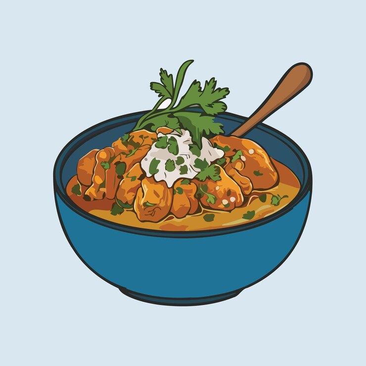 Vector ilustración vectorial de dibujos animados de pollo y curry