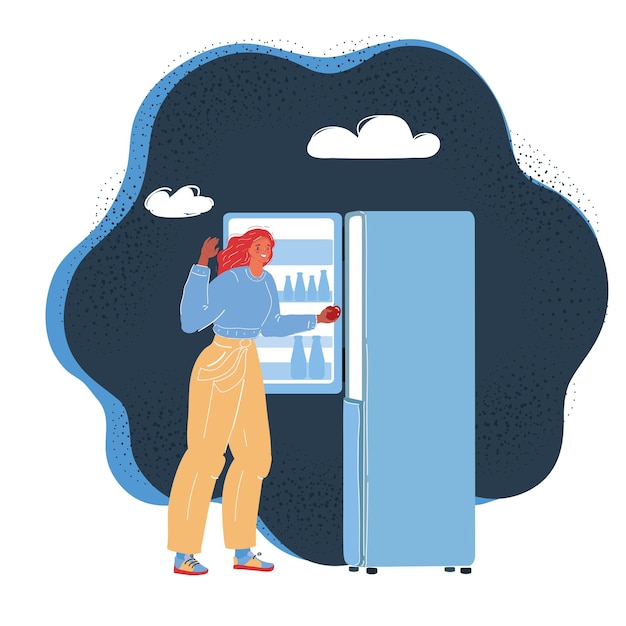 Ilustración vectorial de dibujos animados del primer día de una dieta de frutas Mujer usa refrigerador en la oscuridad