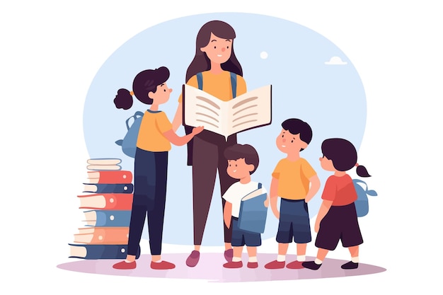Vector una ilustración vectorial de dibujos animados que muestra a un maestro leyendo un libro educativo a un grupo de niños pequeños en un aula preescolar. el concepto se centra en enseñar a los niños y la educación preescolar.
