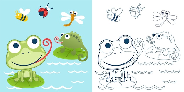 Ilustración vectorial de dibujos animados de rana y camaleón en hoja de loto con bichos Libro para colorear o página para niños