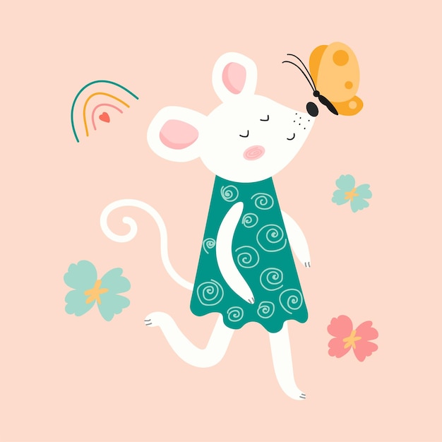 Ilustración vectorial de dibujos animados con ratón blanco y mariposa Fondo aislado rosa